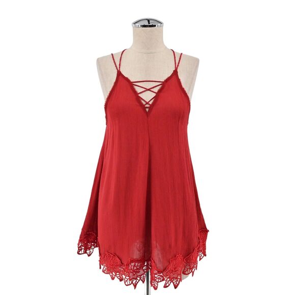FREE PEOPLE Dress Womens Size XS Wicked Spell Brick Red Strappy Floral Lace Boho - Picture 1 of 11